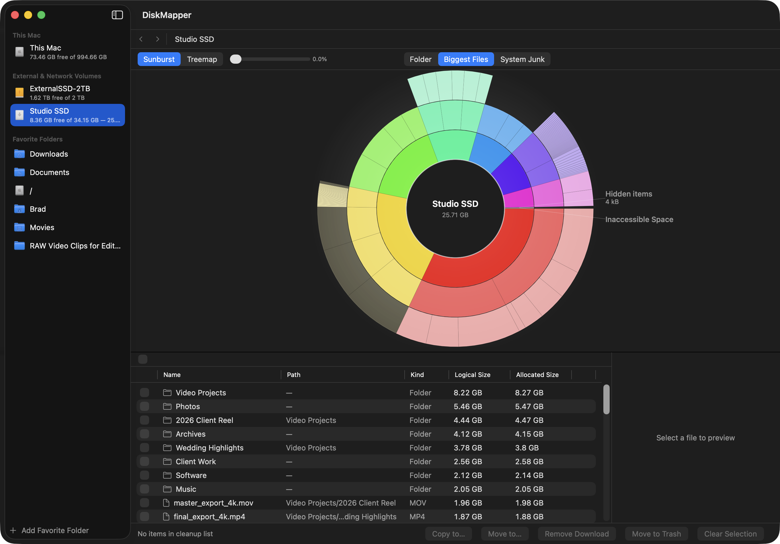 DiskMapper Biggest Files panel listing the largest folders and files by allocated size