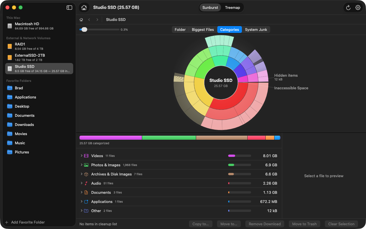 DiskMapper Categories view grouping storage into color-coded kinds — Videos, Photos & Images, Archives, Audio, Documents, Applications
