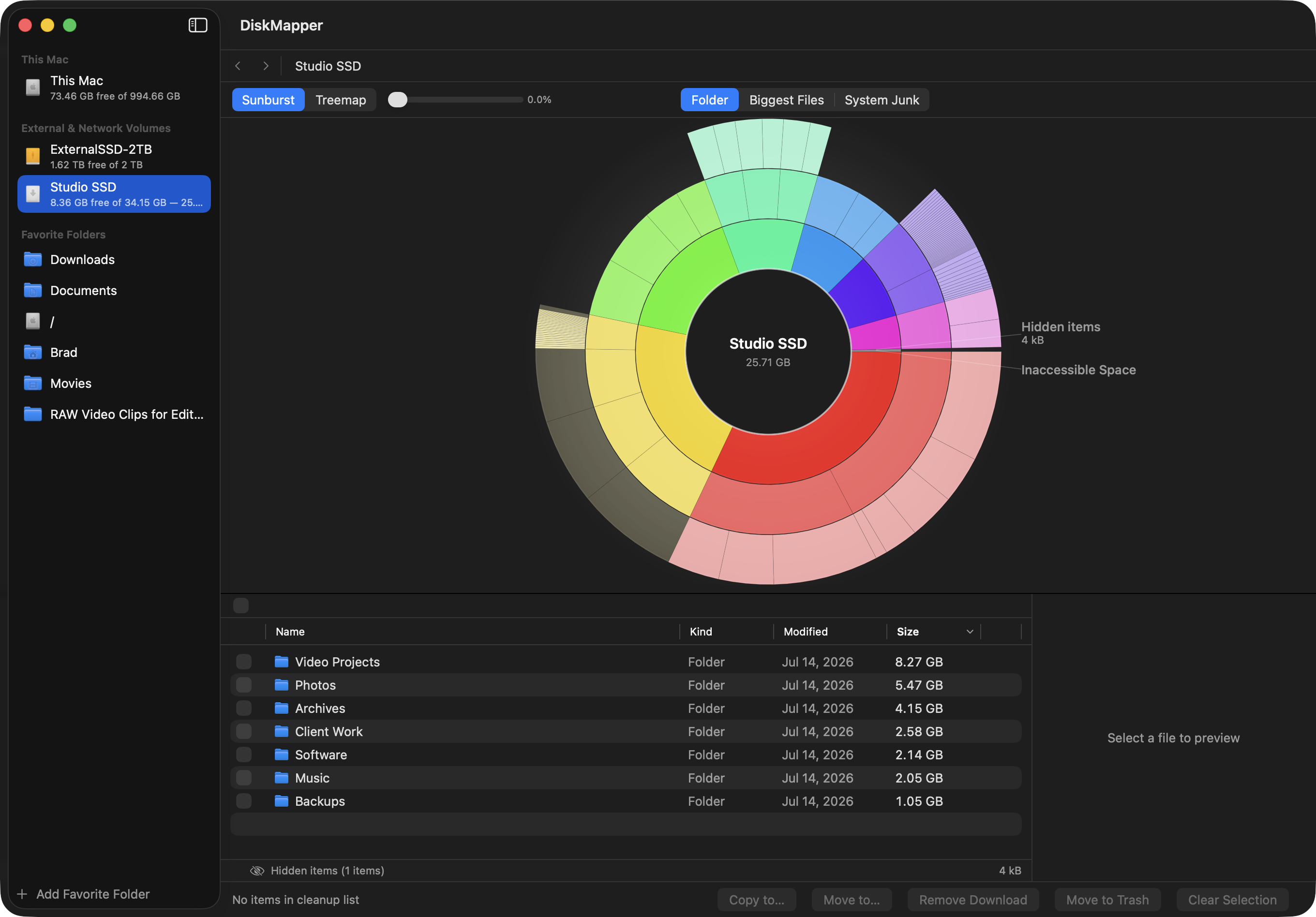 DiskMapper sunburst view of an external drive scan — colorful concentric rings showing Video Projects, Photos, Archives, Client Work, Software, Music and Backups folders