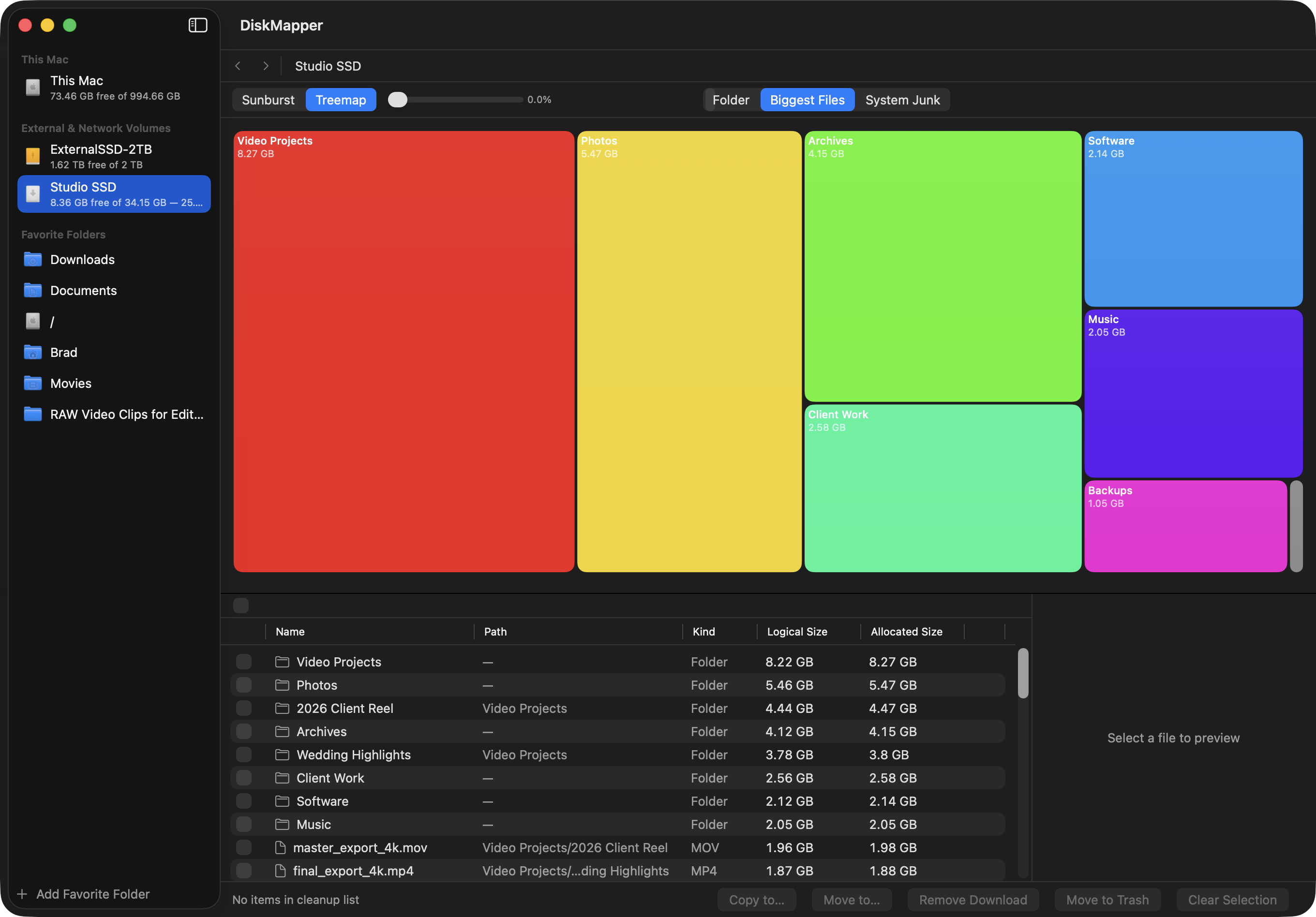 DiskMapper treemap view of the same scan, folders shown as proportional colored tiles
